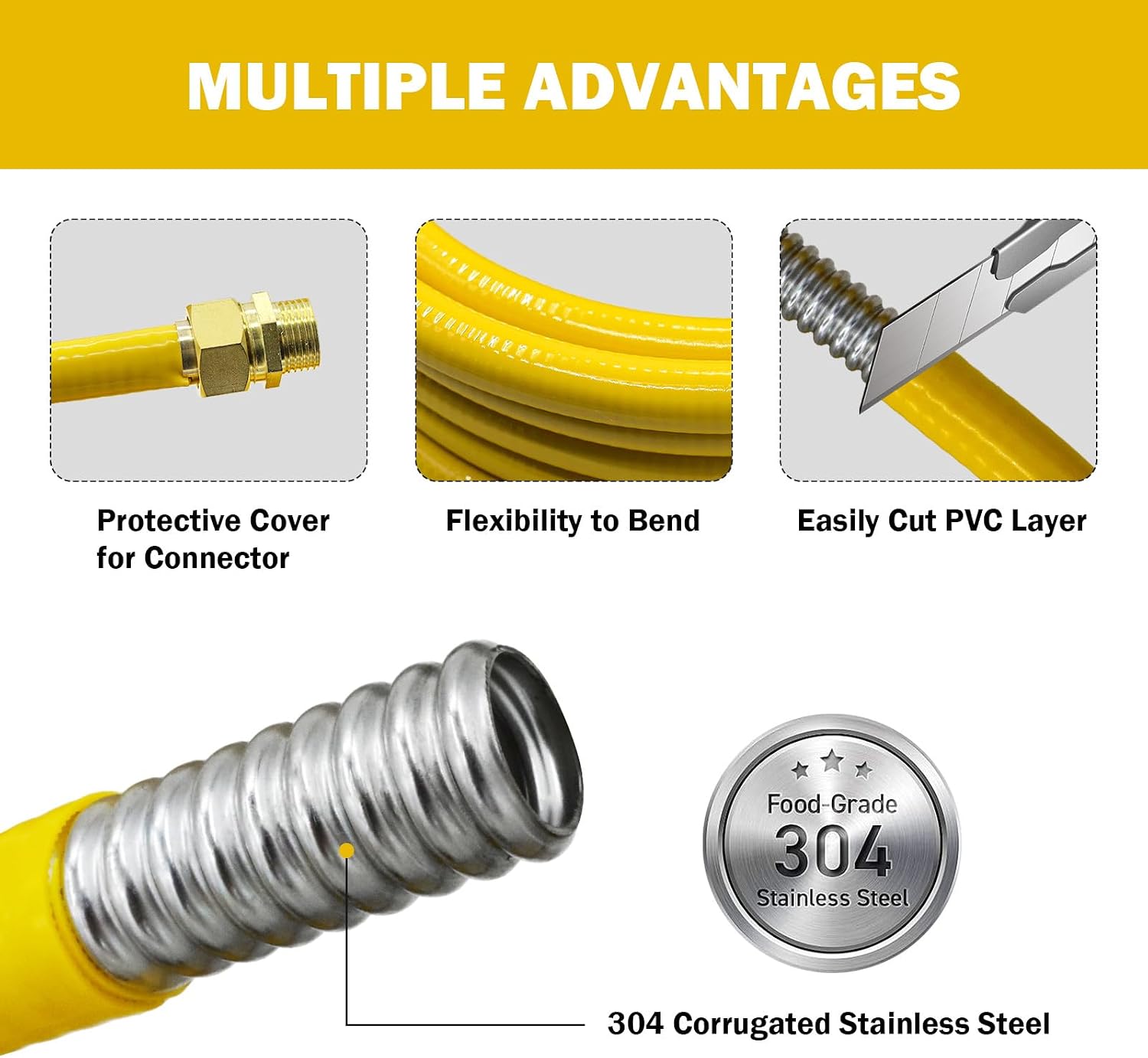1/2 CSST Gas Line 100ft Flexible Gas Line,Corrugated Stainless Steel Tubing with 2 Male Fittings for Natural Gas and Propane (100Ft 1/2inch)